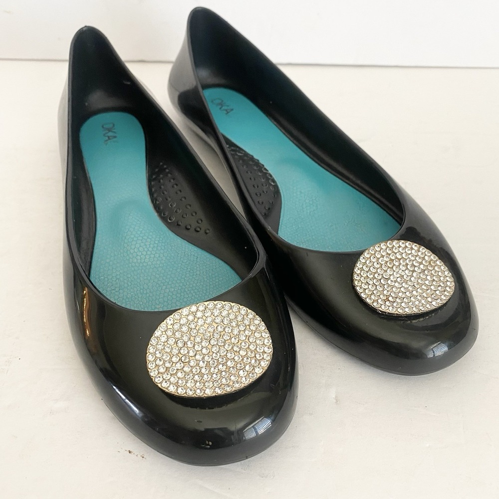 OKA-B Women's Black Jelly rhinestone Medallion Gem Slip On Ballet‎ Flats Size 10